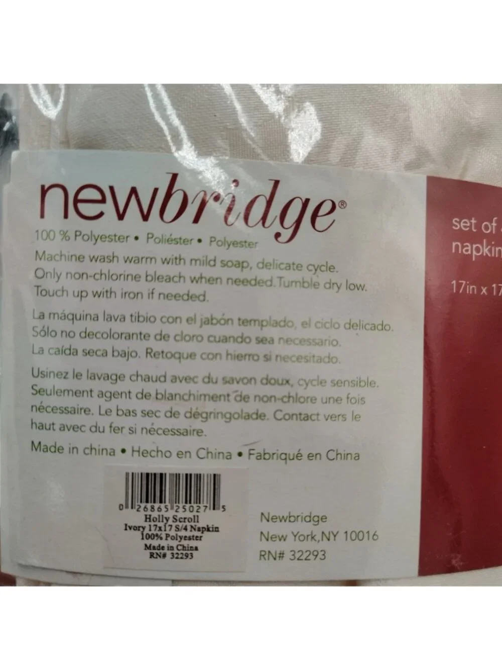 Newbridge Holly Scroll Ivory Cloth Napkins 17x17 Set of 8 Polyester Christmas